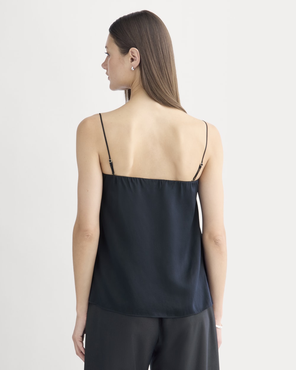 Thin Strap Cami in Silk Charmeuse in Navy — detail view