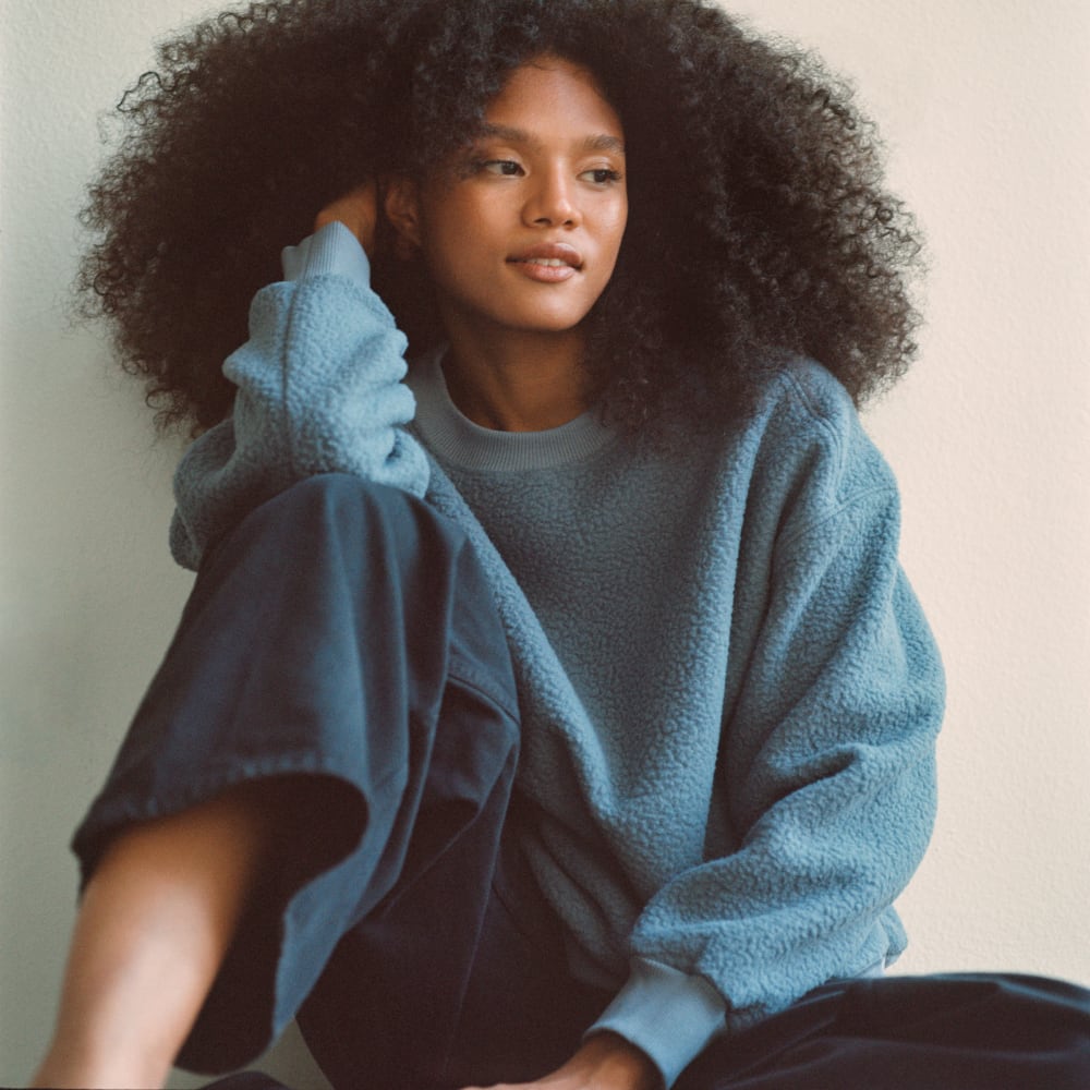 The ReNew Teddy Oversized Crew in Faded Blue — front view