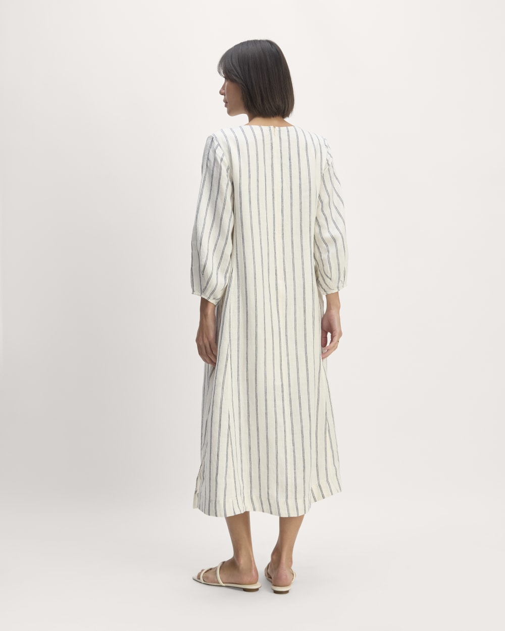 The Linen A-Line Midi Dress in Bone/Navy — detail view