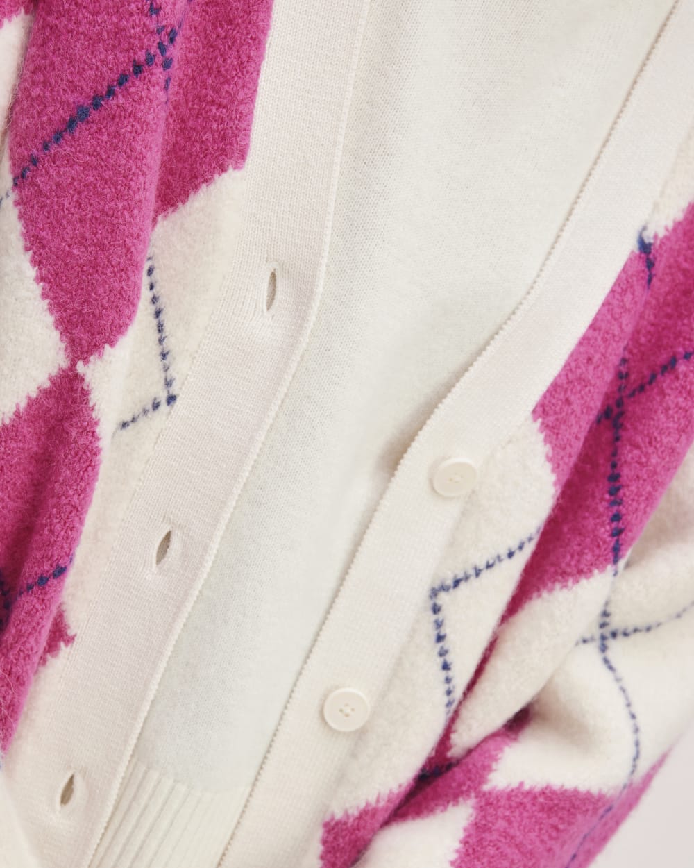 The SuperFuzz Alpaca Cardigan in Bone / Fuchsia Pink / Ocean Cavern — detail view