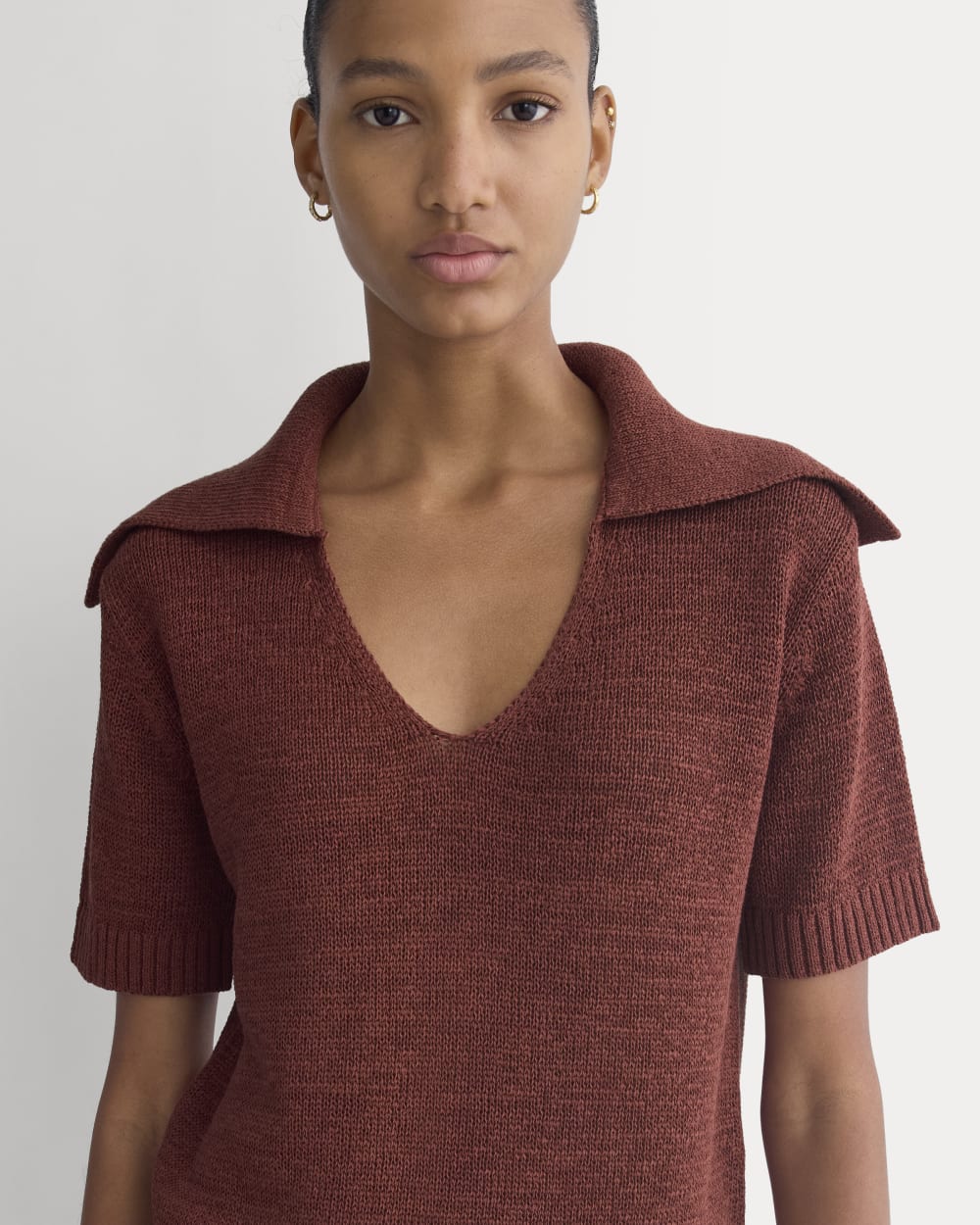 Open Collar Polo in Henna Red — detail view