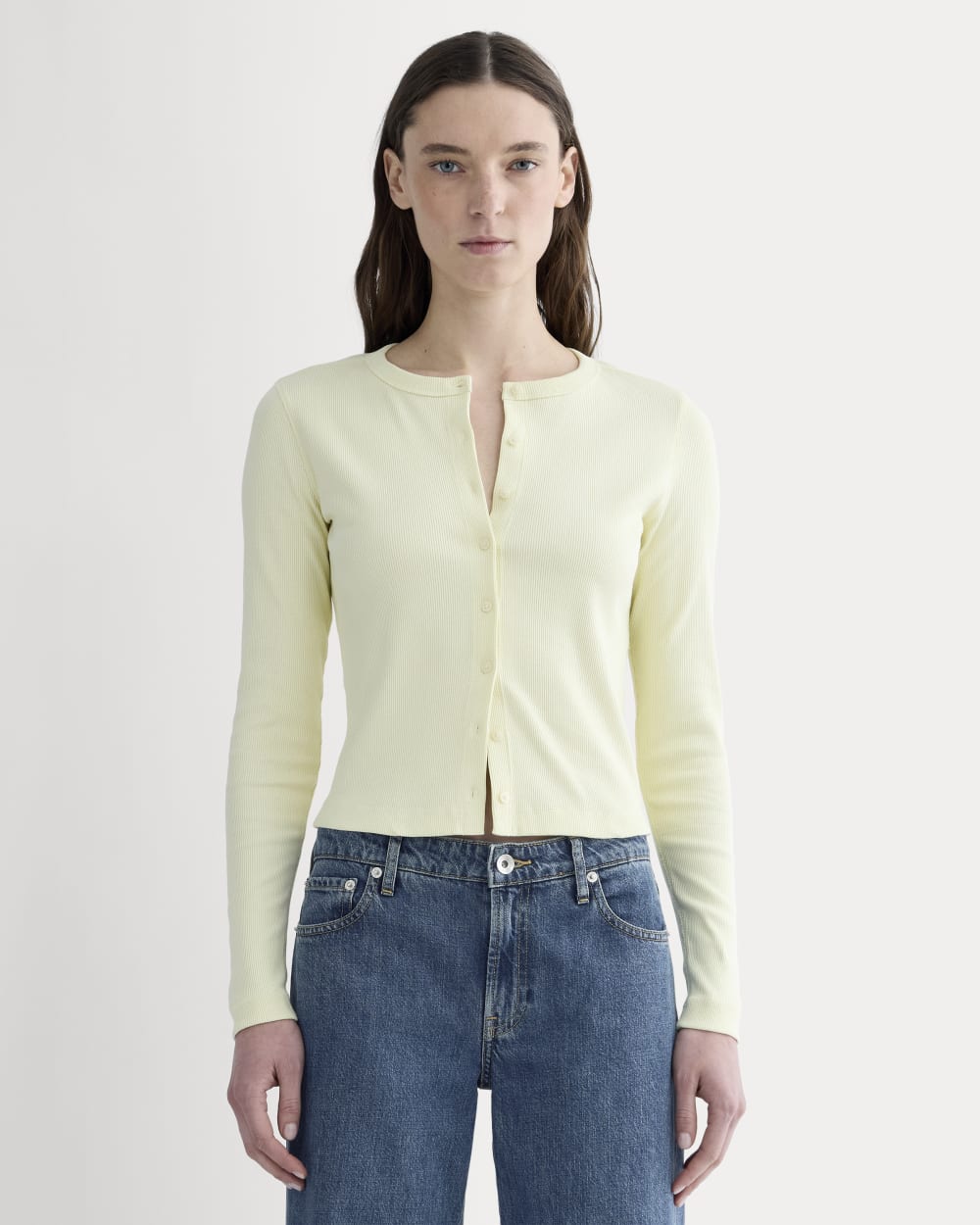 The Selfie Cardigan in Light Yellow — front view