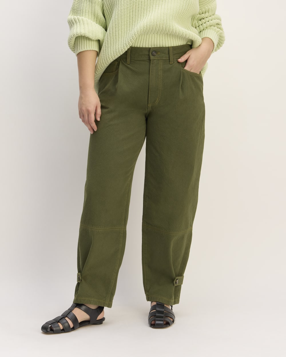 The Everlane x Marques' Almeida Canvas Oversized Barrel Pant in Deep Moss Green — detail view