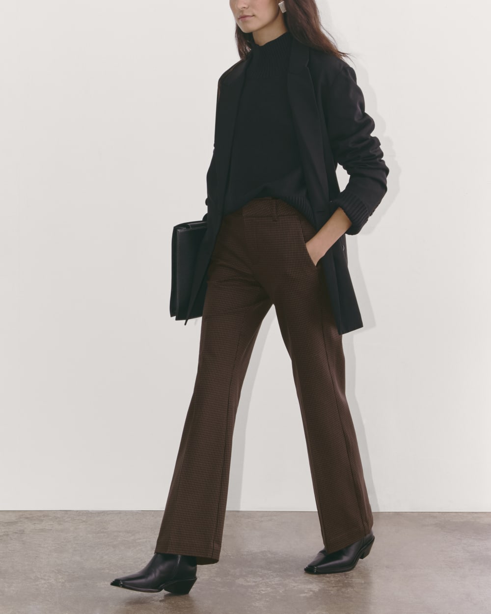 The Bi-Stretch Flare Pant in Brown Houndstooth — detail view