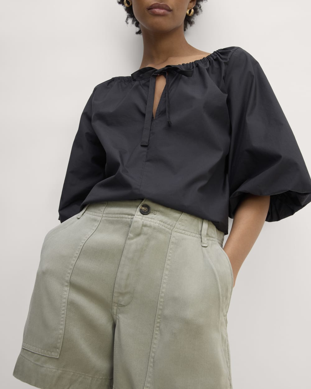 The Utility Short in Buttersoft in Sage Green — detail view