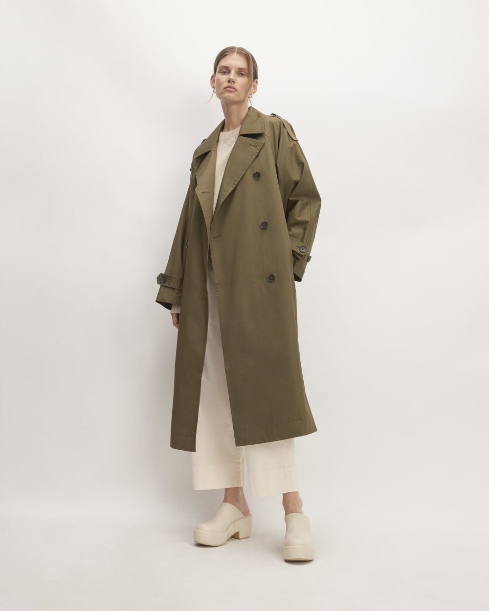 The Cotton Long Trench Coat in Beech — front view