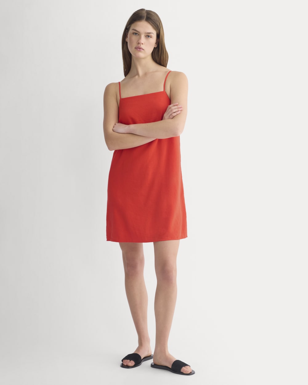 Mini Shift Dress in Stretch Linen in Fiery Red — front view