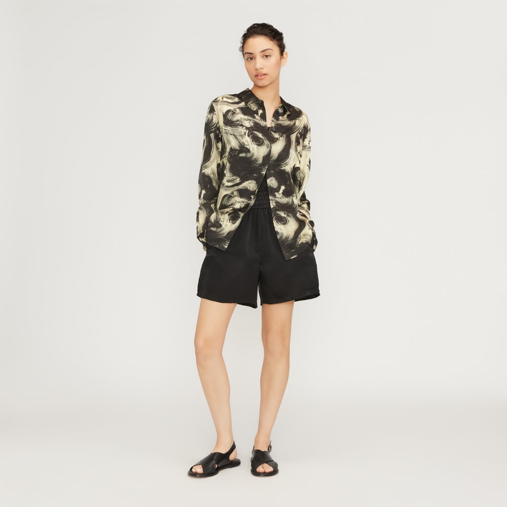 The Satin Pull-On Short in Black — detail view