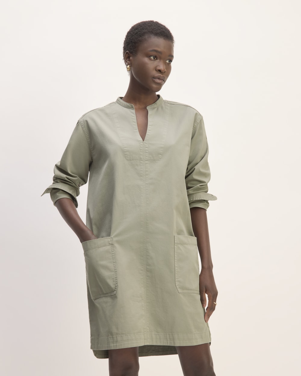 The Long-Sleeve Utility Mini Dress in Sage Green — detail view