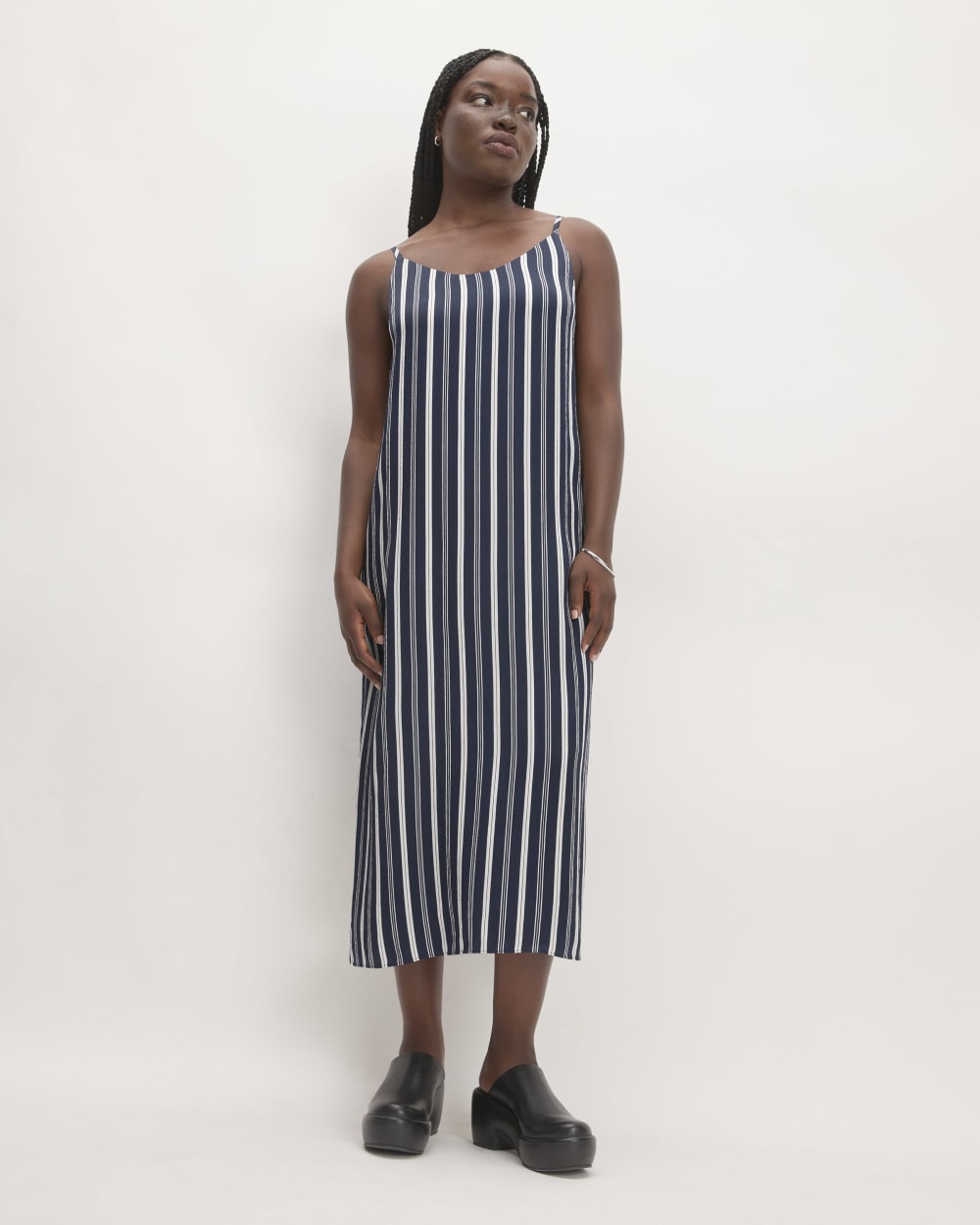 The Hammered Satin Slip Dress in Navy / Bone — detail view