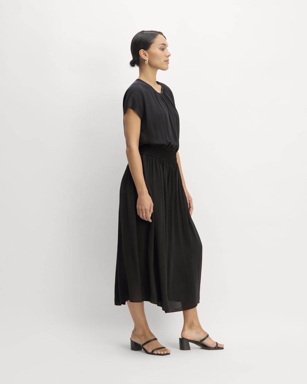 The Gathered Midi Dress in Black — detail view