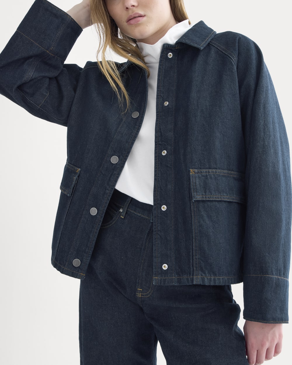 Cropped Denim Jacket in Garment-Dyed Indigo — detail view