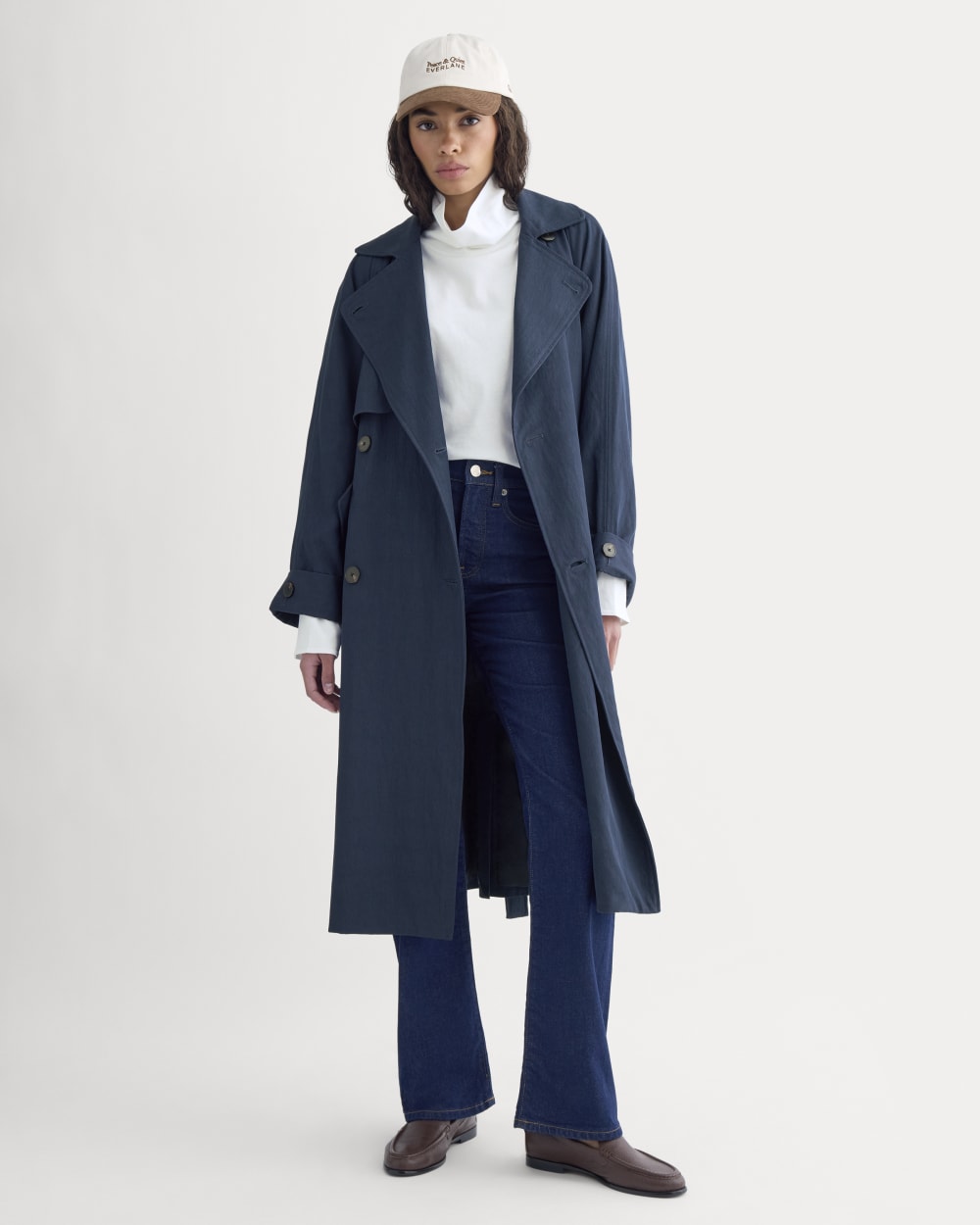 Drapey Twill Trench in Navy — detail view