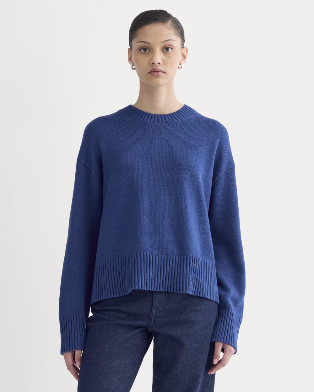 The Boxy Sweater in Everyday Cotton in Deep Lazuli Blue — front view