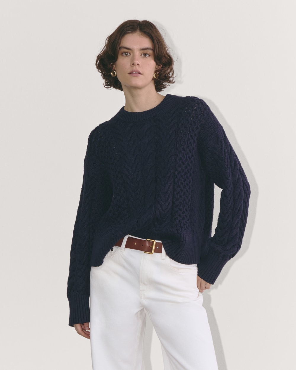 The Cable Sweater in Everyday Cotton in Navy — front view