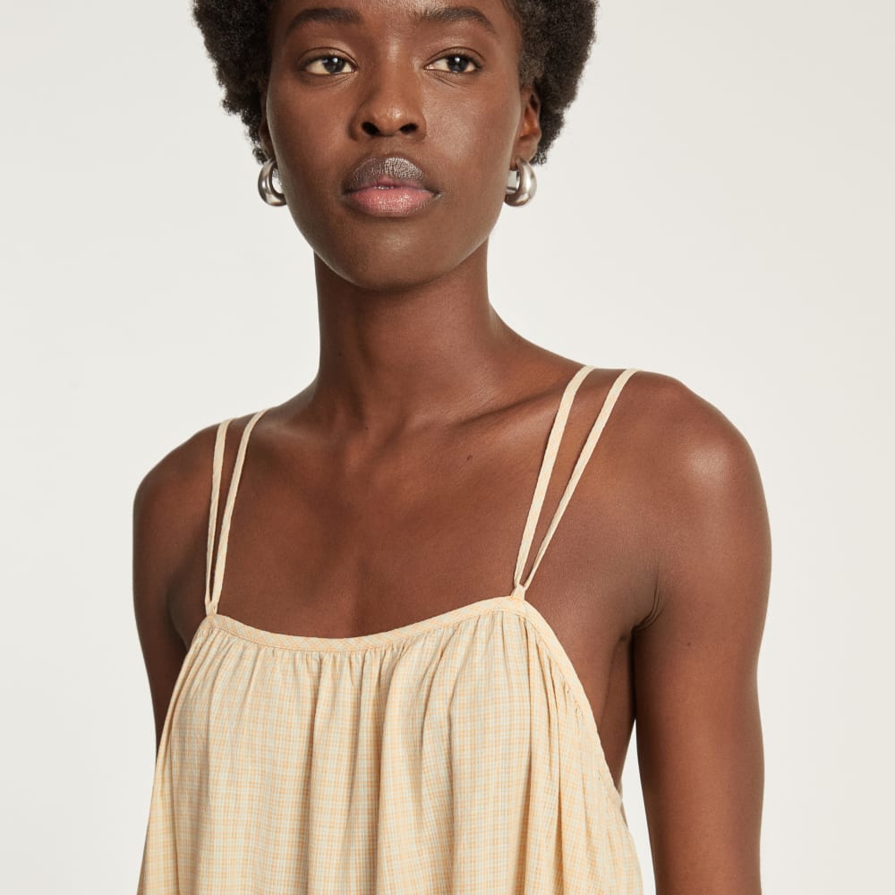The Billow Tiered Maxi Dress in Orange Plaid — detail view