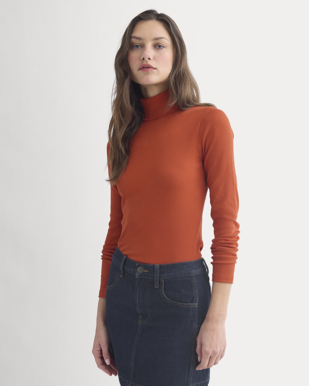 The Luxe Rib Turtleneck in Rust — front view