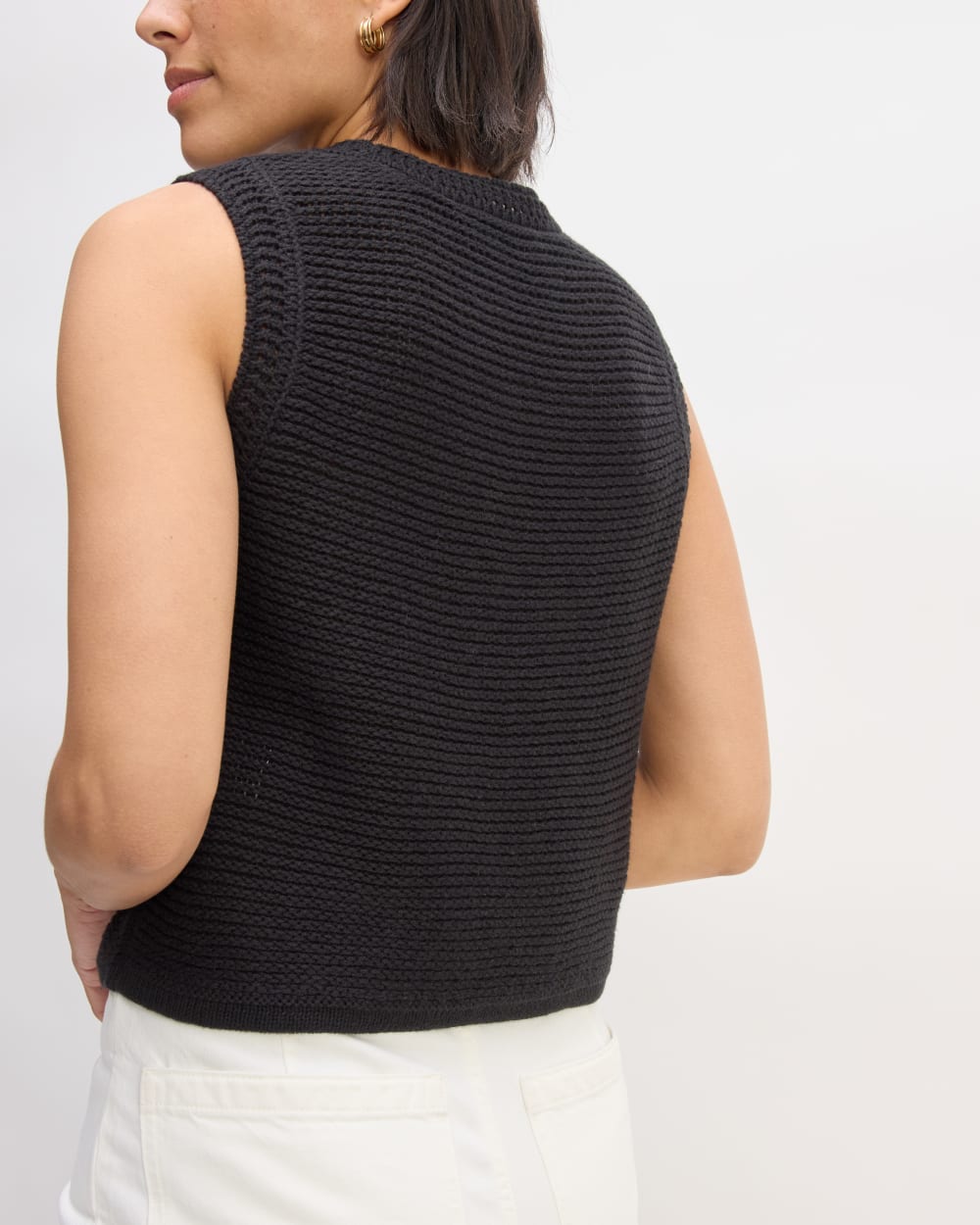 The Organic Cotton Open-Stitch Tank in Black — detail view