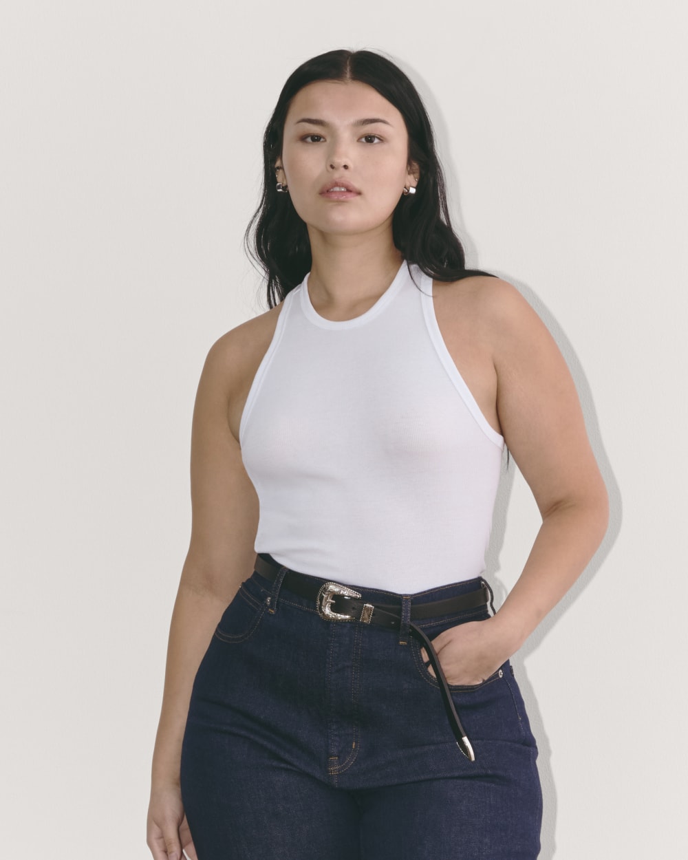 The Luxe Rib Racerback Tank in White — front view