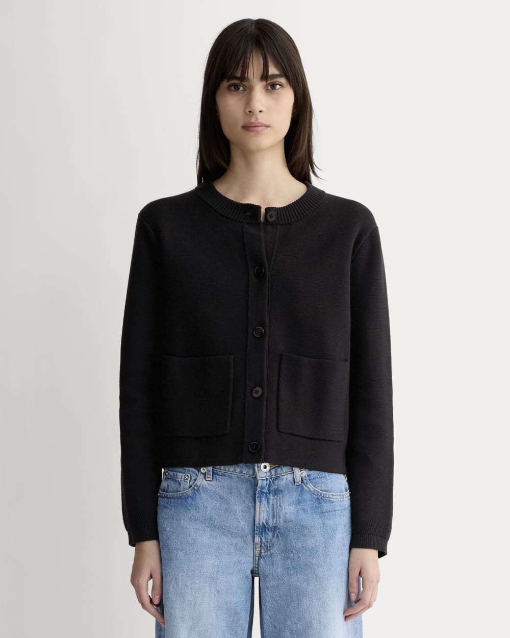 The Crew Cardigan in Everyday Cotton in Black — front view