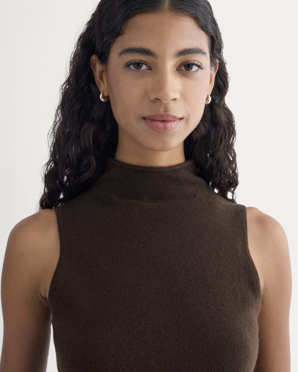 Cashmere Funnel-Neck Tank in Dark Chocolate — detail view