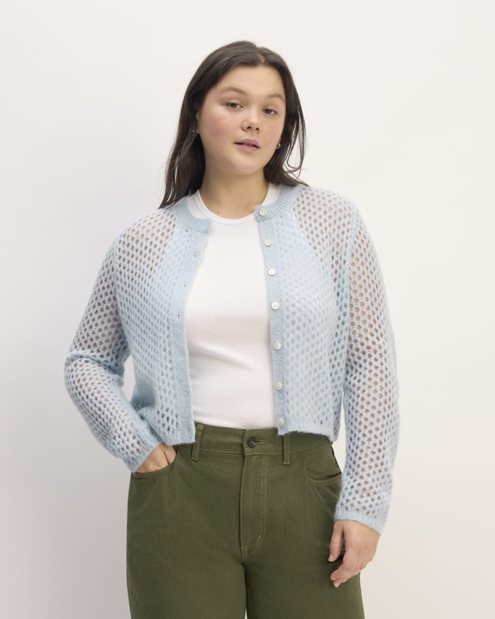 The Everlane x Marques' Almeida Alpaca Mesh Cardigan in Mist — front view