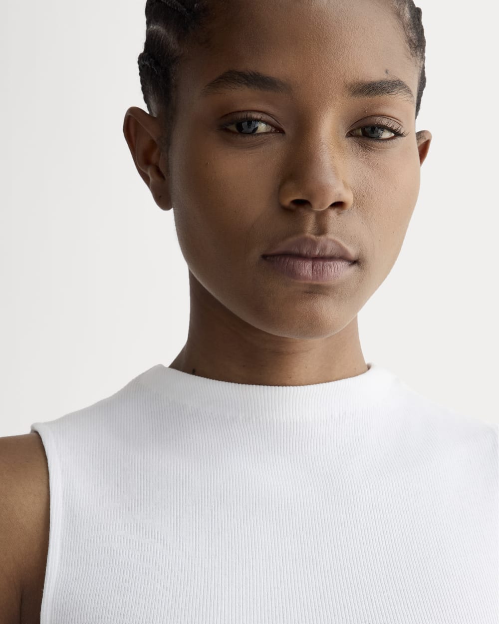 The Luxe Rib Funnel-Neck Tank in White — detail view