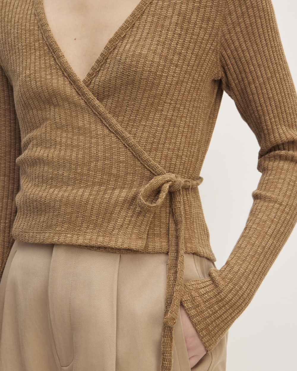 The Cozy Rib Wrap Top in Cappuccino — detail view