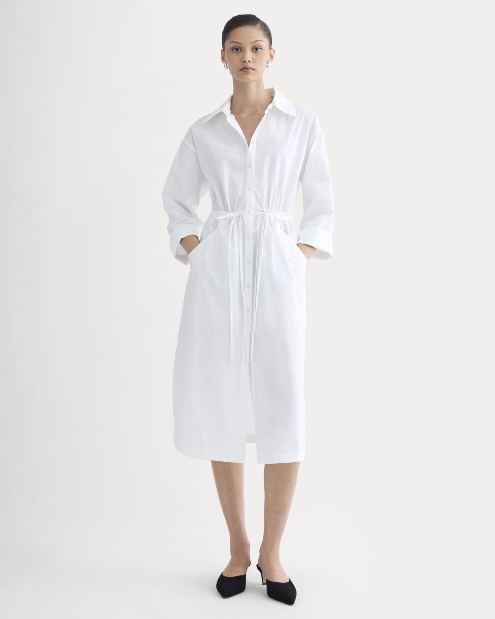The Drawcord Shirtdress in Ultrasoft Cotton in White — front view