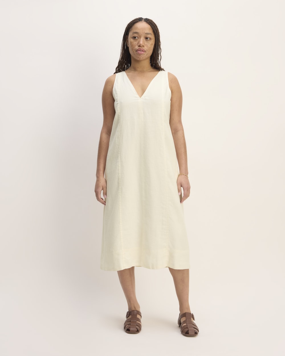 The Linen V-Neck Midi Dress in Bone — front view