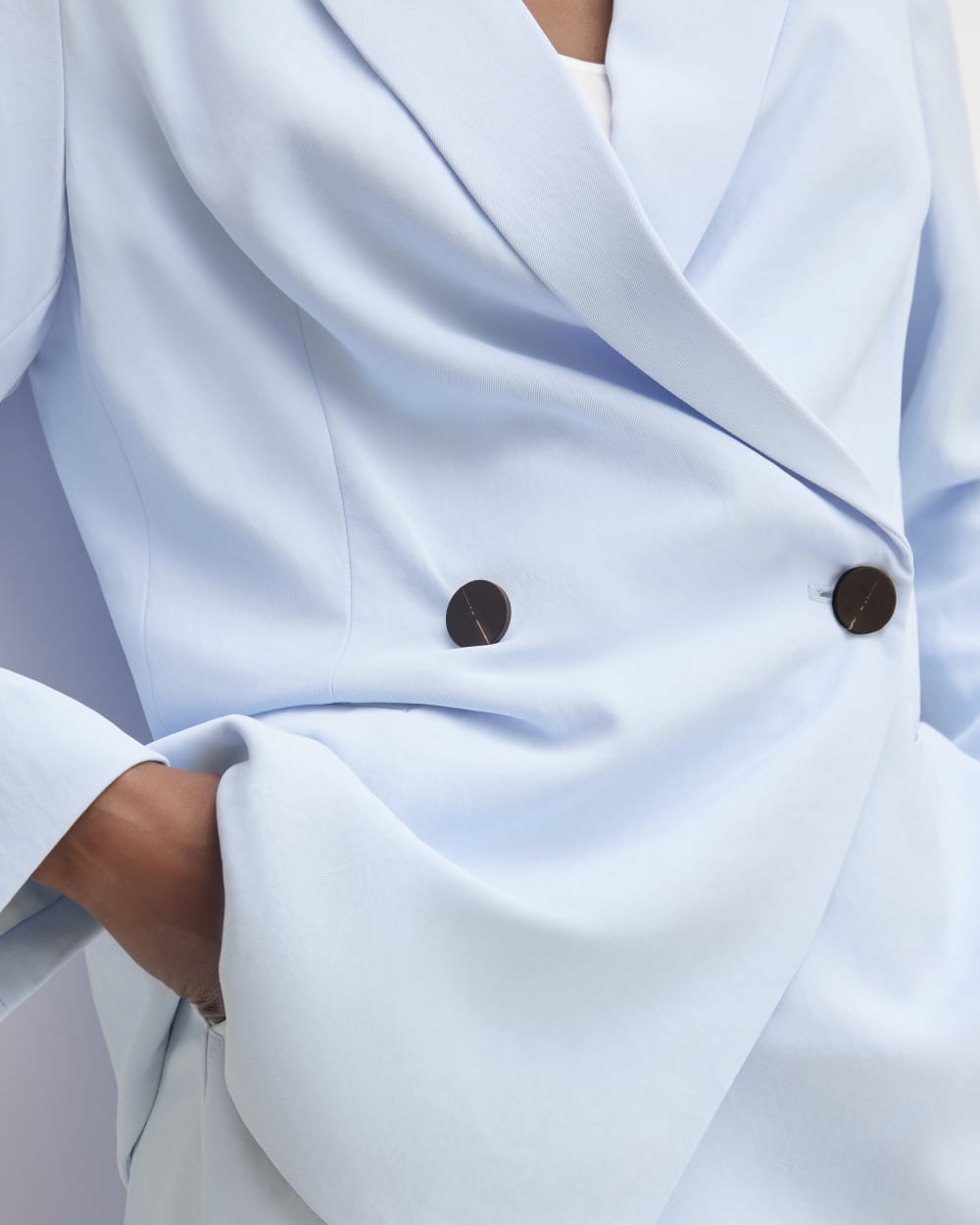 The Drapey Blazer in Chambray Blue — detail view