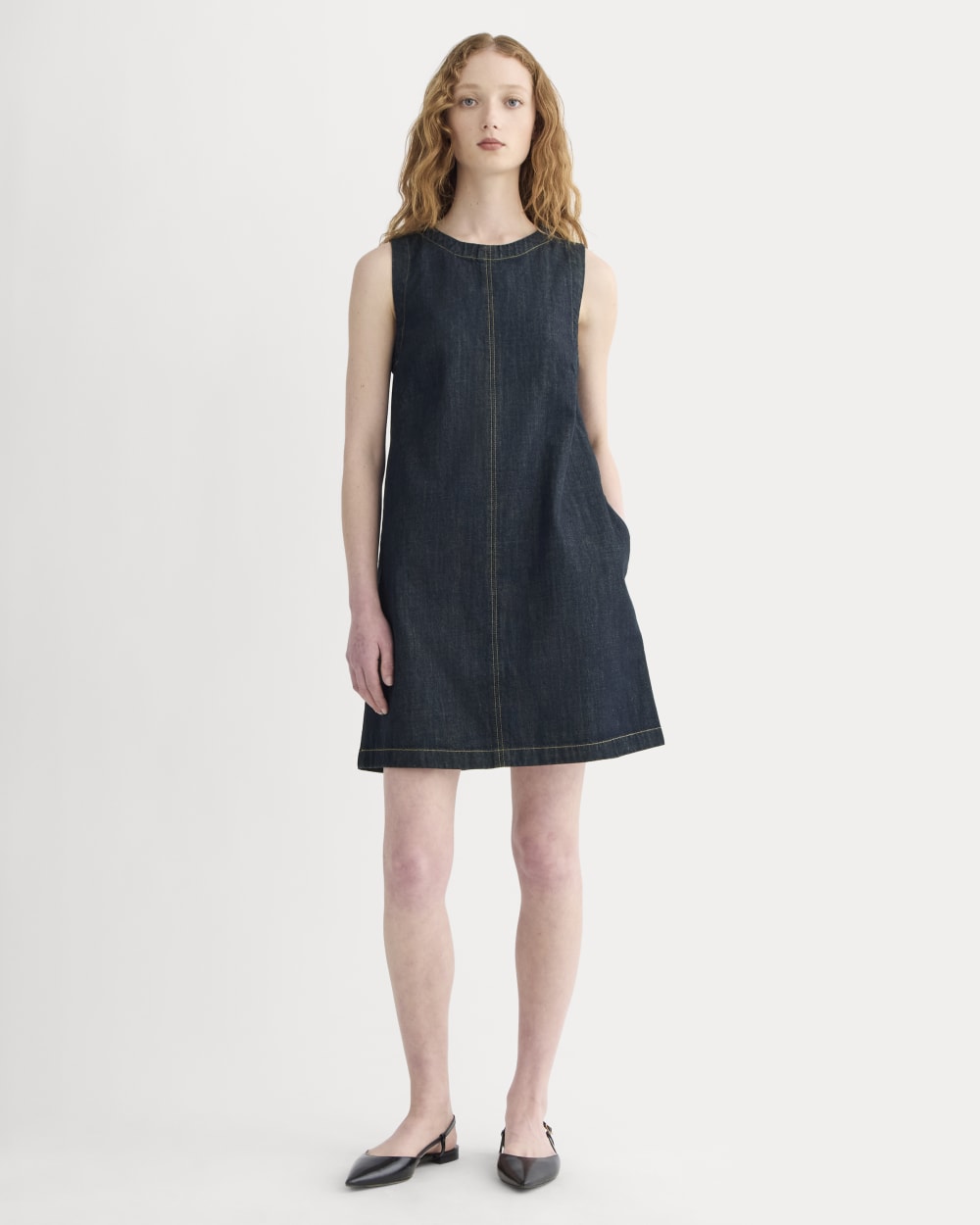 The Denim Shift Dress in Dark Indigo — front view
