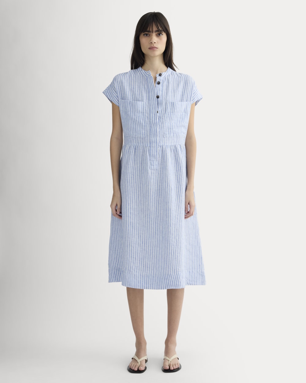 The Craft Dress in Linen in Bluebell / Bone — front view