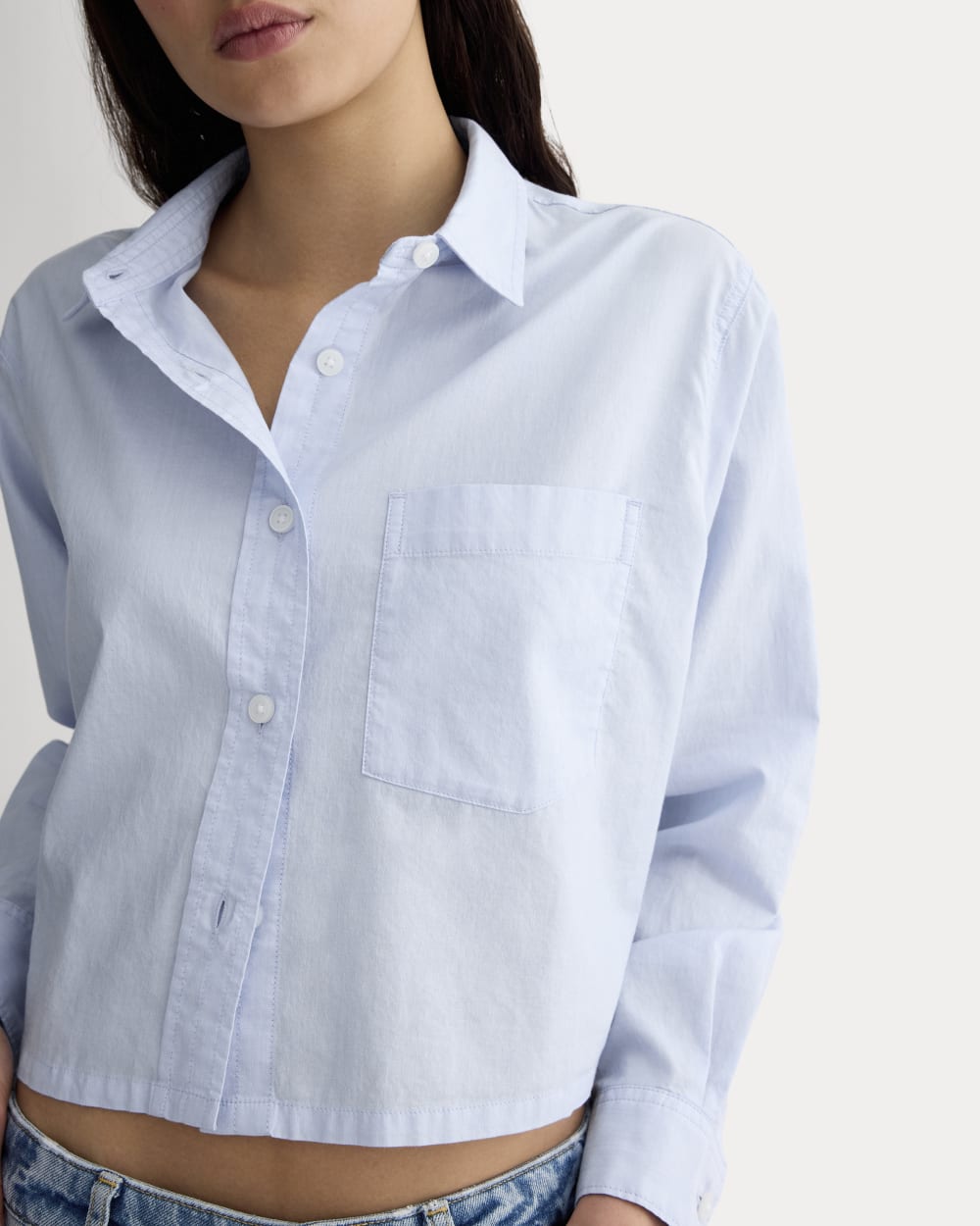 The Way-Short Shirt in Silky Cotton in Chambray Blue — detail view