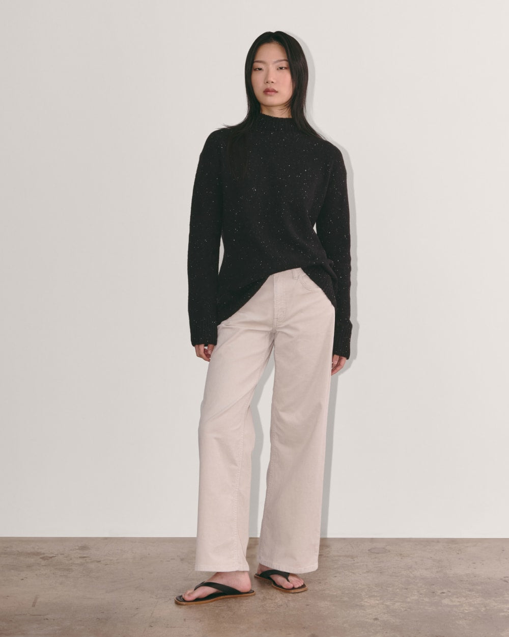 The Mockneck Sweater in Plush Cotton in Black Confetti — detail view