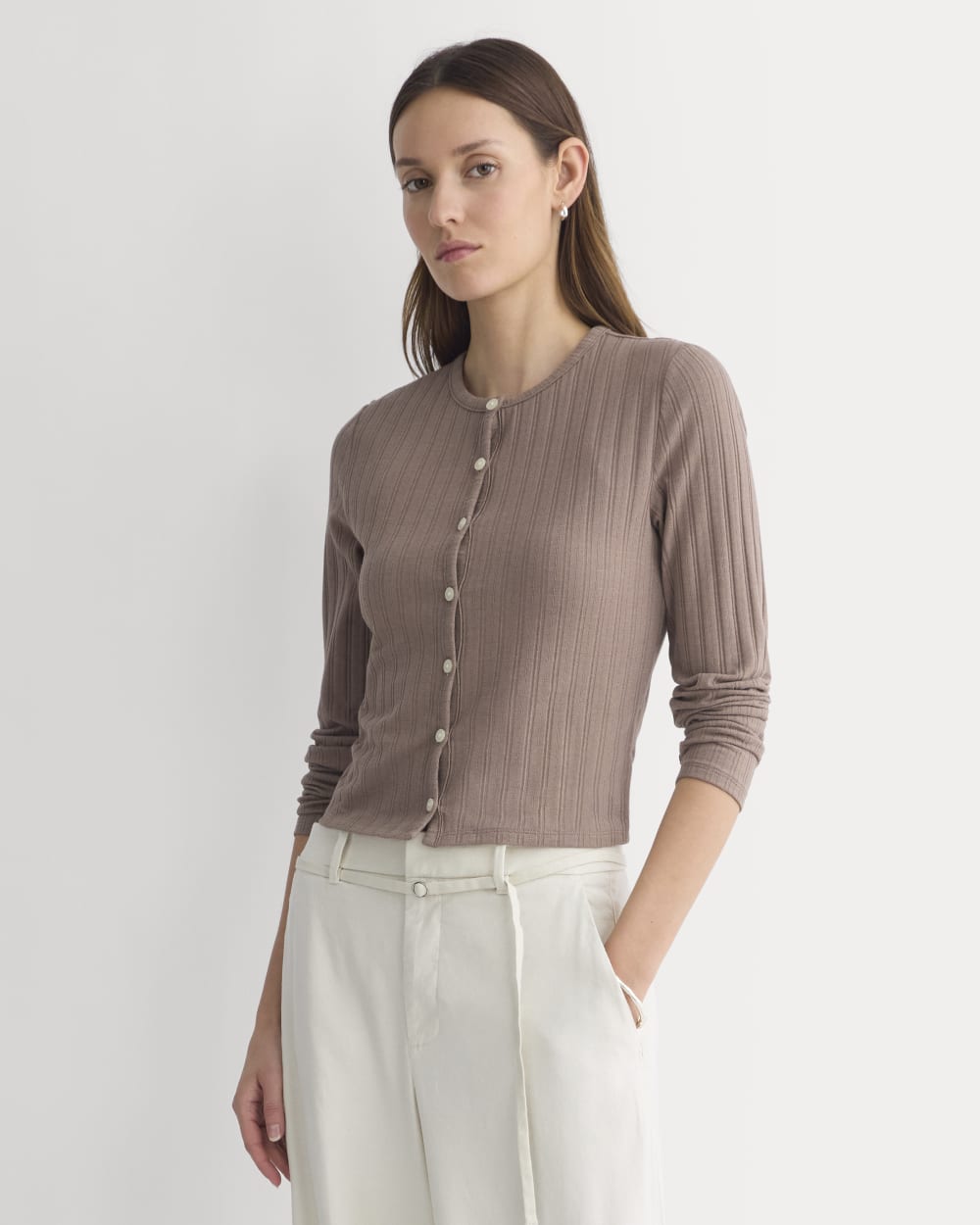 Cardigan in Pointelle in Heathered Chocolate Chip — front view