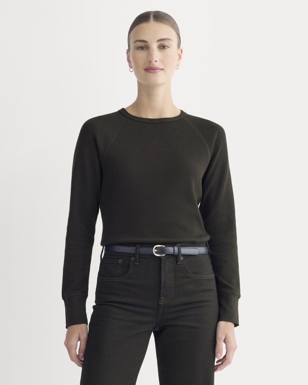 Slim-Fit Crew in Cozy Waffle in Black — front view