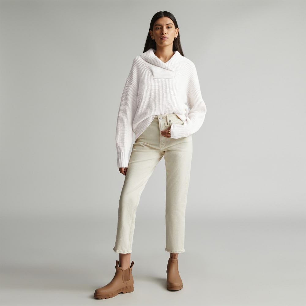 The Felted Merino Shawl Collar Sweater in Heathered Oat — detail view
