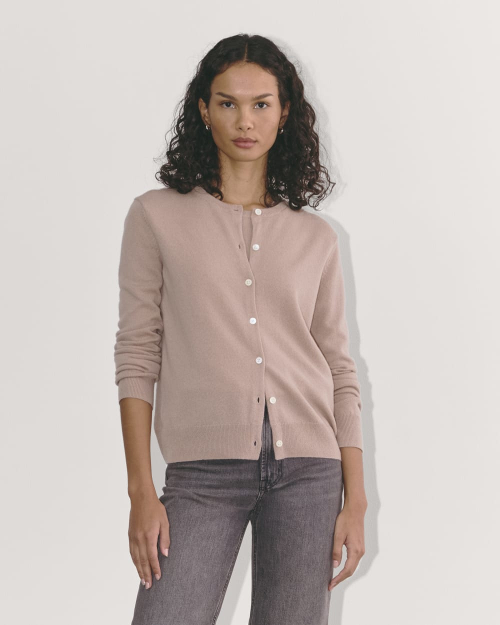 The Classic Cardigan in Cashmere in Dusty Rose — front view