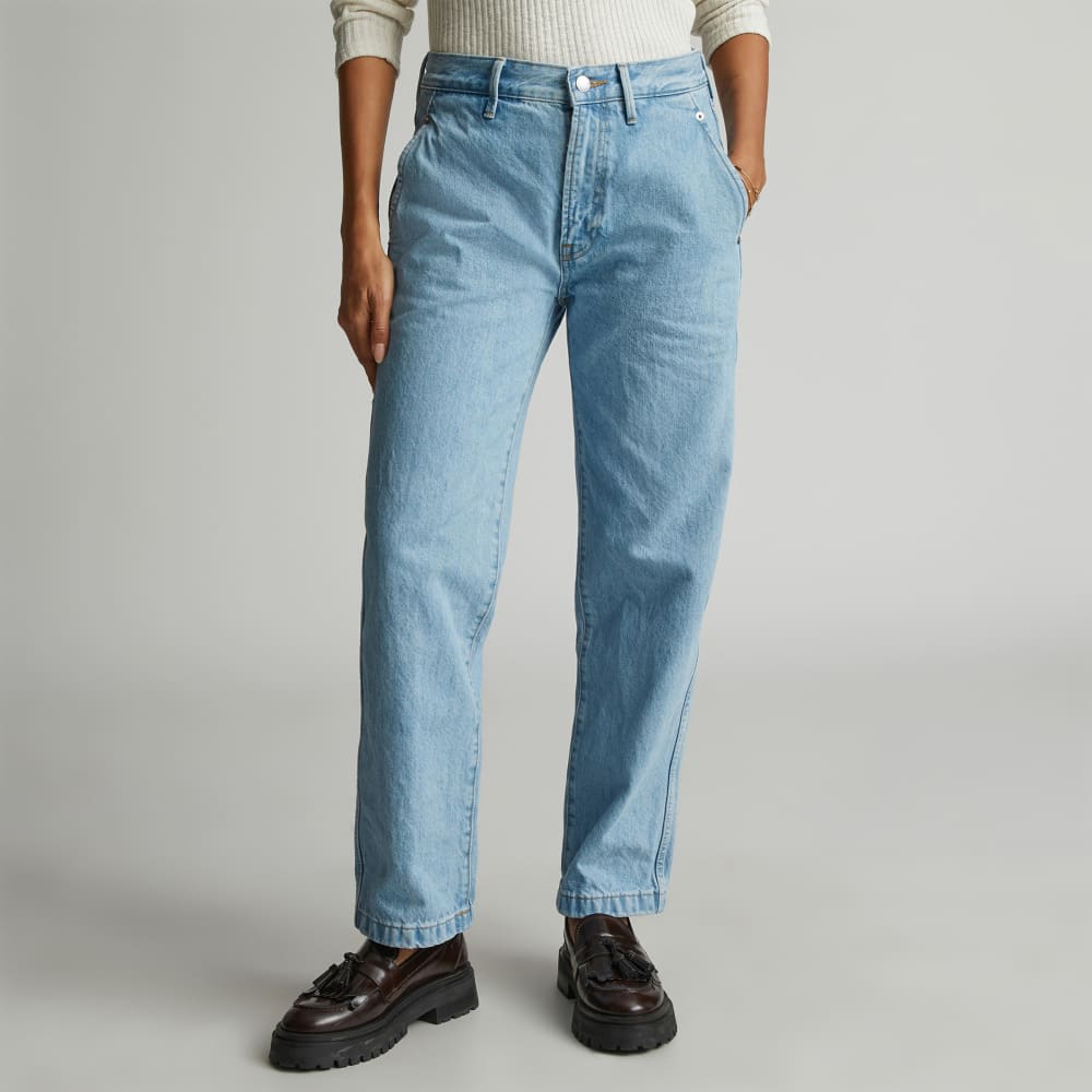The Cinch Back Utility Jean in Sunkissed Blue — front view