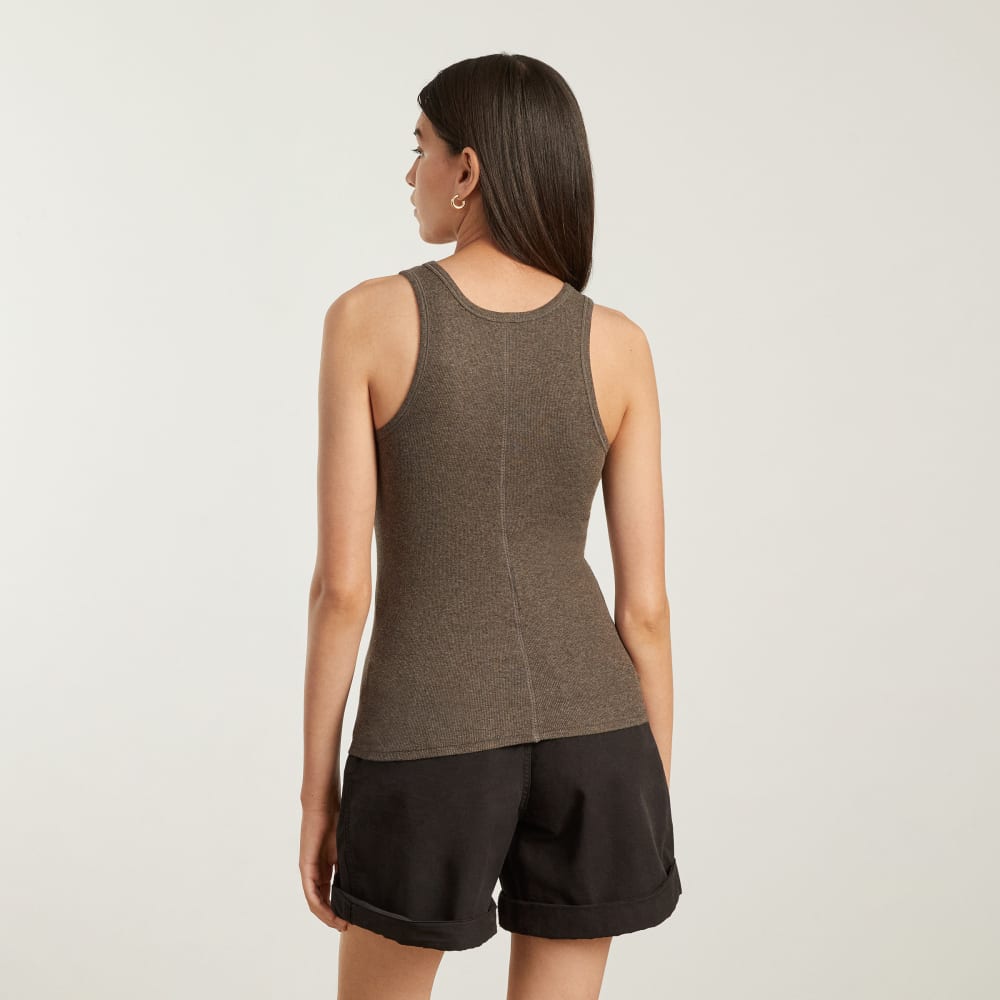 The Pima Micro-Rib U-neck Tank in Heathered Fatigue — detail view