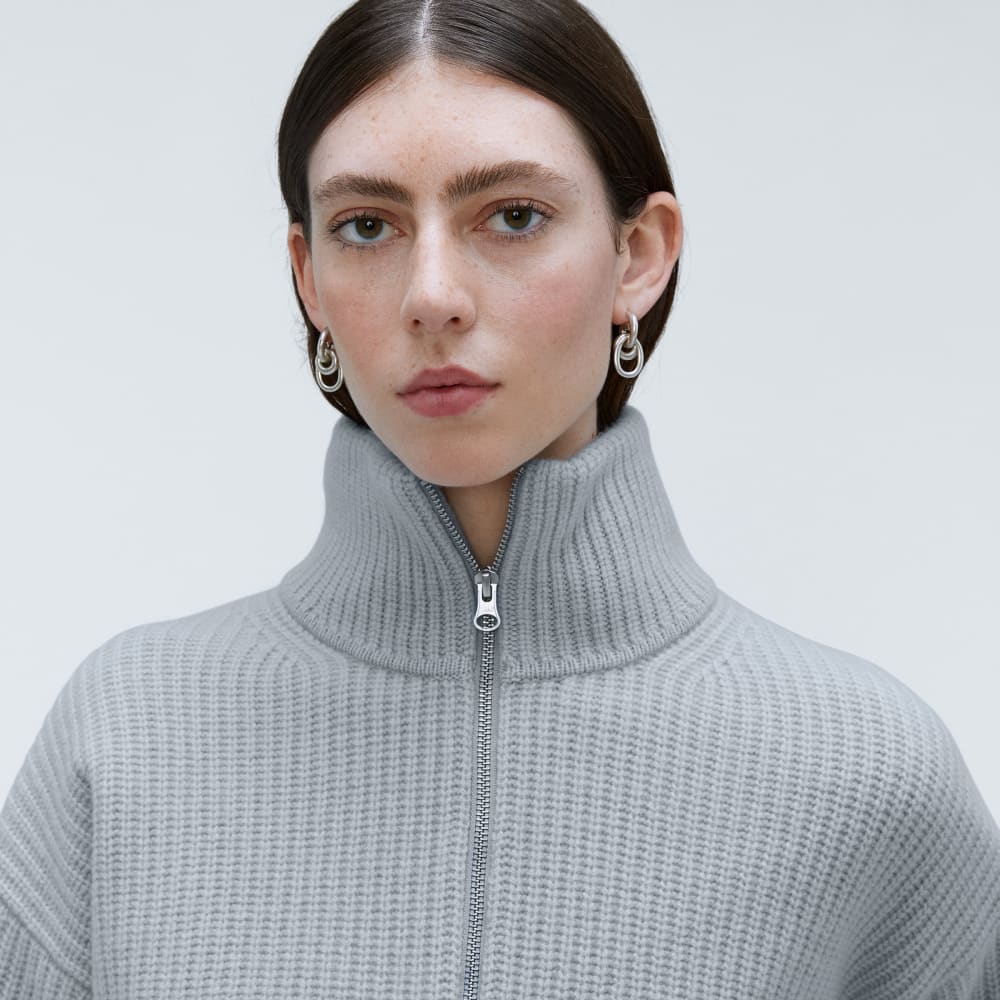 The Half-Zip Sweater in Luxe Merino in Sky — detail view