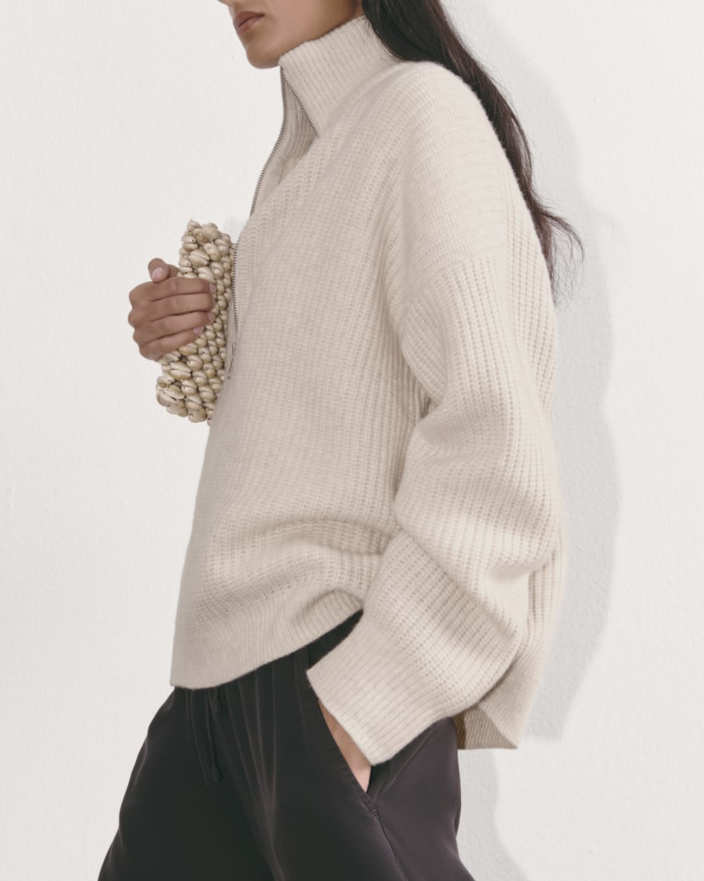 The Half-Zip Sweater in Luxe Merino in Heathered Oat — detail view