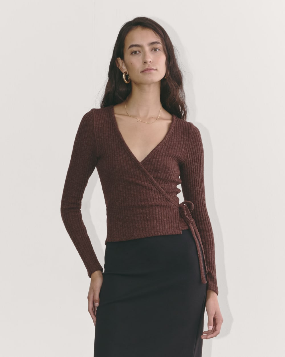 The Cozy Rib Wrap Top in Dark Mahogany — front view