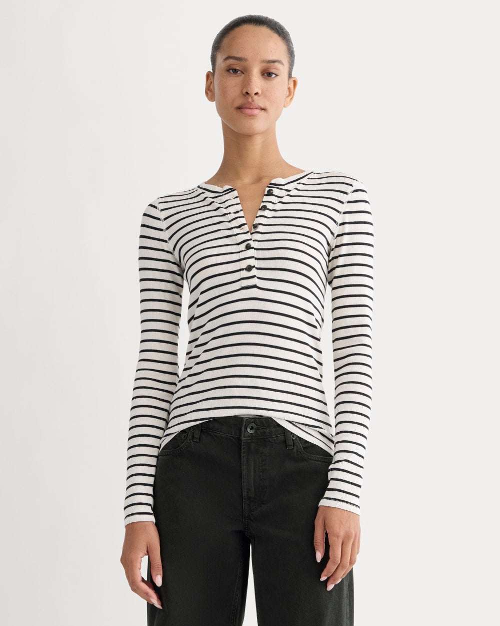 The Luxe Rib Henley in Bone / Black — front view