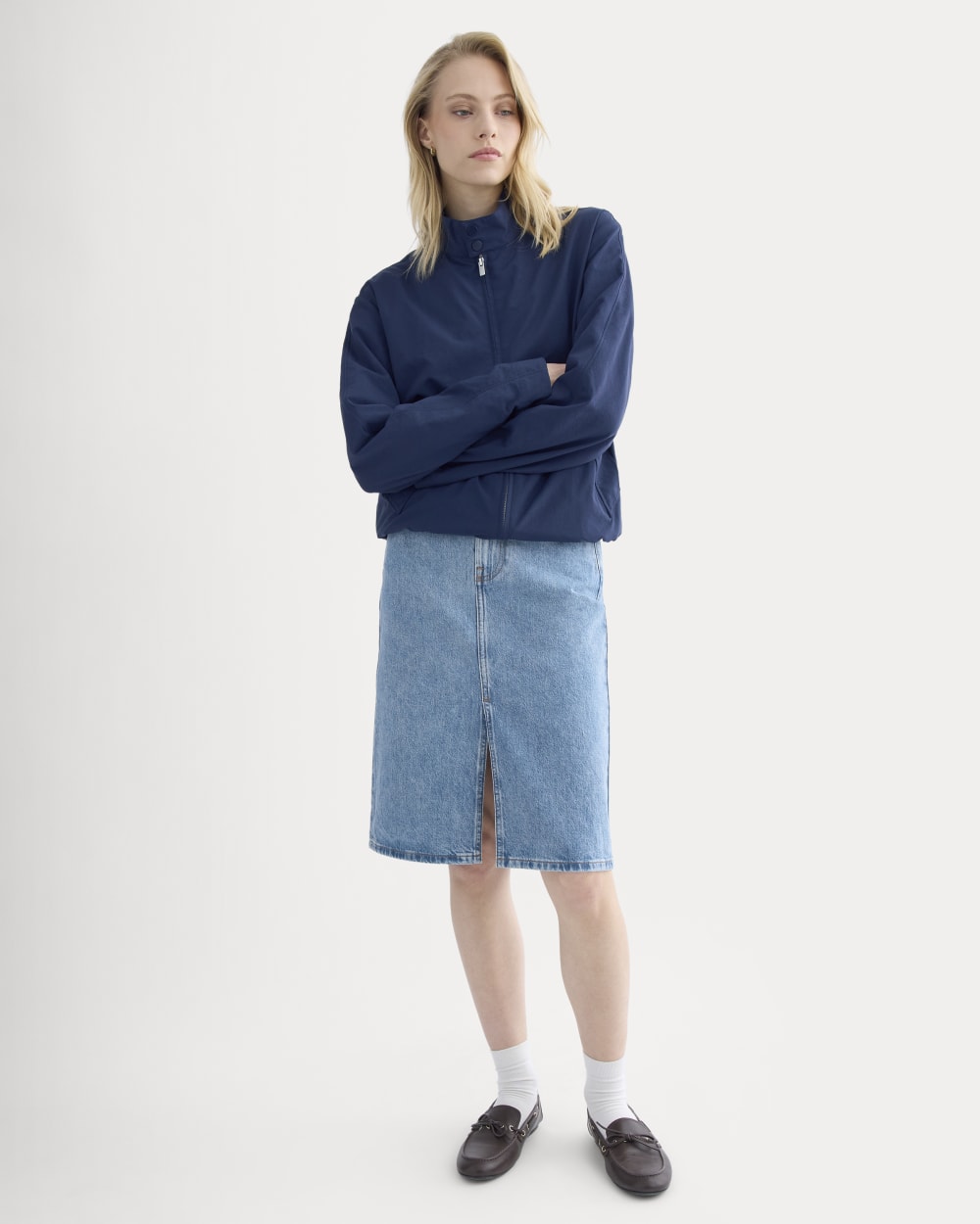 Mid-Rise Denim Midi Skirt in Vintage Mid Indigo — detail view