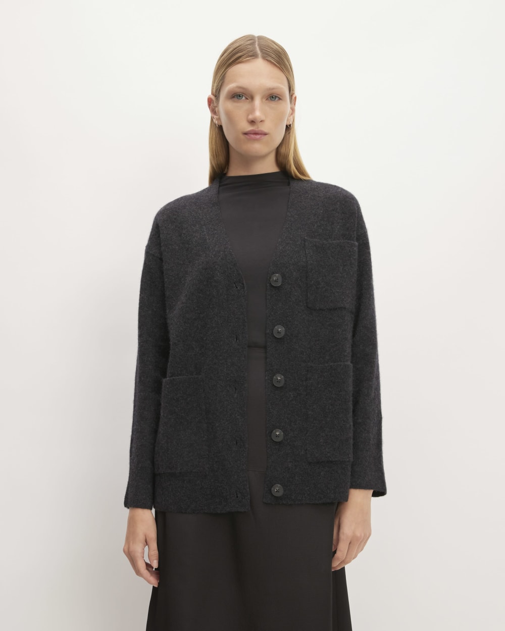 The Cozy-Stretch Relaxed Cardigan in Charcoal — front view