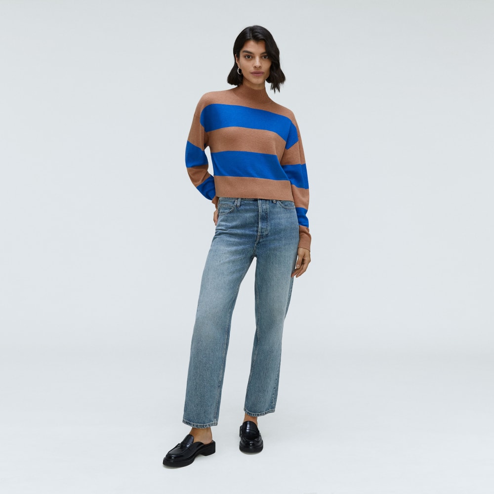 The Luxe Merino Turtleneck in Sahara / Lapis Blue — detail view