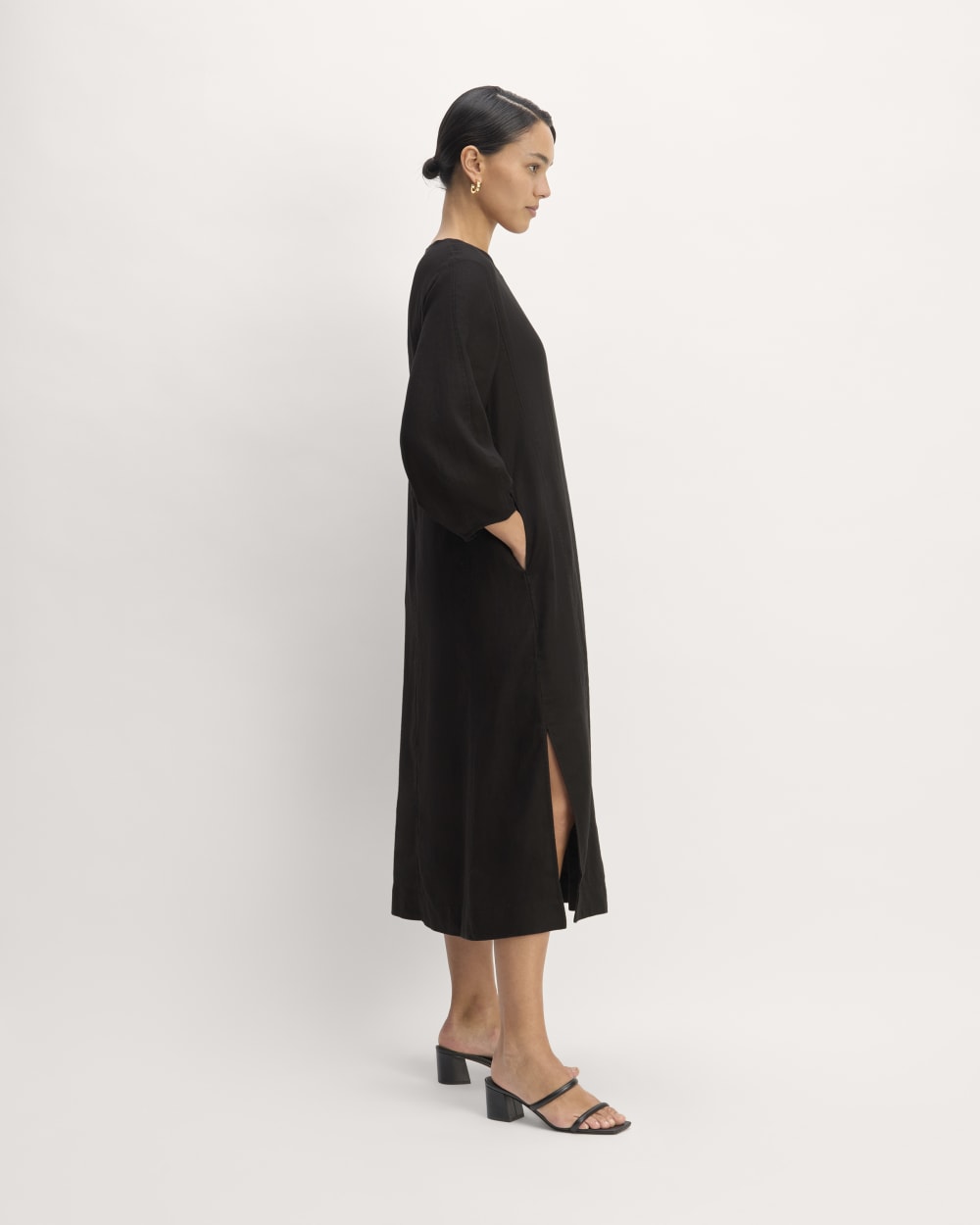 The Linen A-Line Midi Dress in Black — front view