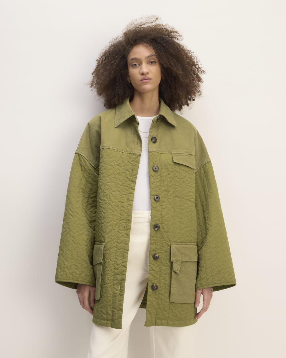 The Everlane x Marques' Almeida Canvas Patchwork Jacket in Moss Green — front view